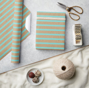 Papel De Regalo Turquesa Verde Menta Líneas Kraft Marrón Rústico F