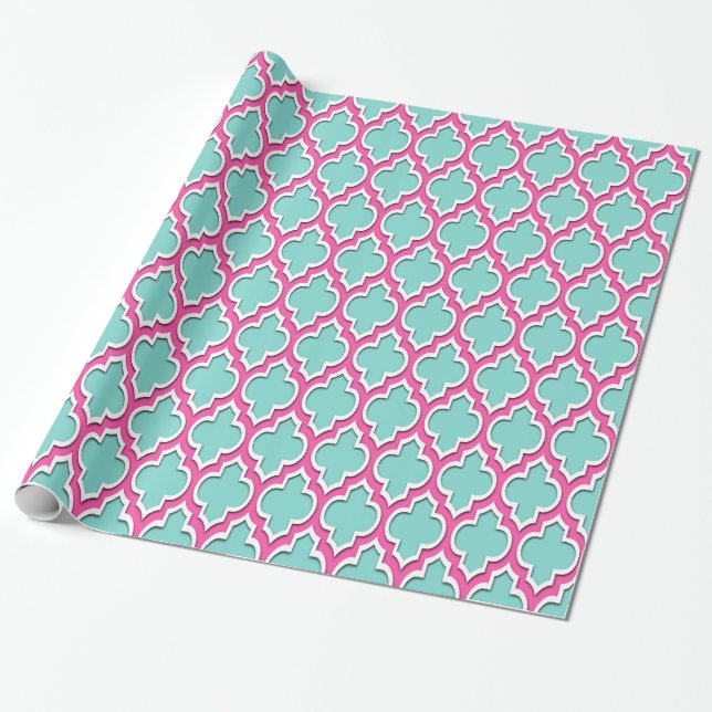 Papel De Regalo Turquoise Aqua Hot Pink White Moroccan #4DS (Desenrollado)