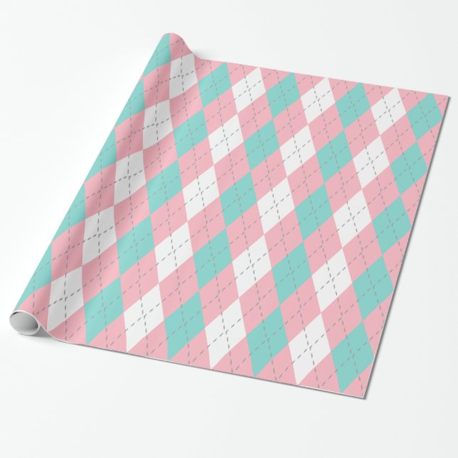 Papel De Regalo Turquoise Aqua Pink Dk Gray Whs XL Argyle (Desenrollado)