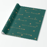 Papel De Regalo Turquoise & Tan Merry Christmas Star Wall<br><div class="desc">Un fondo verde turquesa profundo junto con estrellas de Tan-Golden de tamaño medio y pequeño dispersas en un patrón con texto de Feliz Navidad escrito por todas partes. Personalizar esto o compra como está.</div>