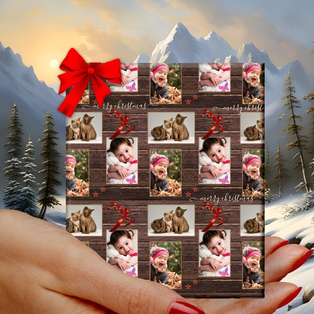 Papel De Regalo Tus fotos Navidades festivos de madera oscura (Christmas wrapping paper with your 3 photos on dark rustic wood with festive ribbons and stars)