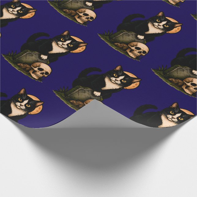 Papel De Regalo Tuxedo Cat and Skull Cute Gothic Graveyard Design (Esquina)