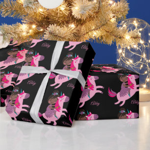 Papel De Regalo Un Chica moreno y negro viajando en unicornio