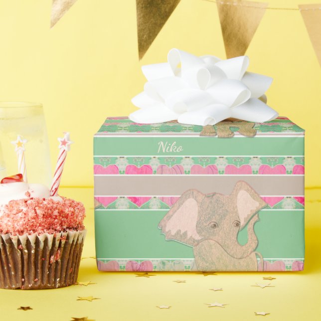 Papel De Regalo ¡Un chico Recién nacido! Elefante y verde (Fiesta de cumpleaños )