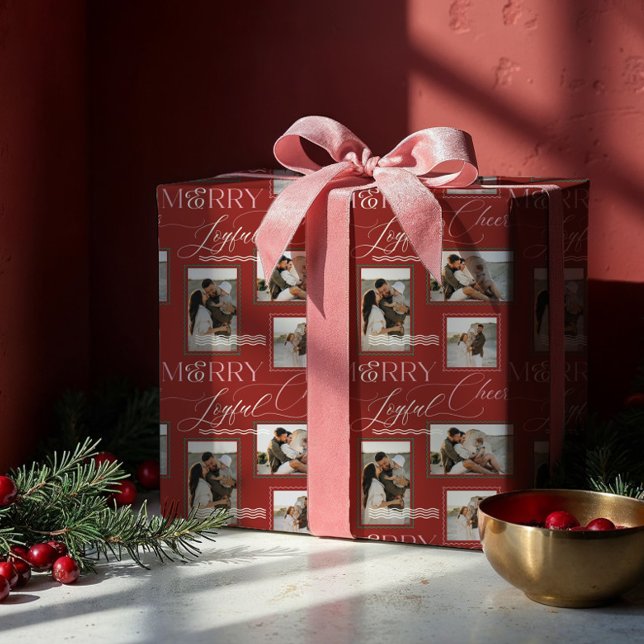 Papel De Regalo Un Collage de fotos moderno y onírico con alegría (Merry Joyful Cheer Wavy Retro Modern Photo Collage Wrapping Paper)