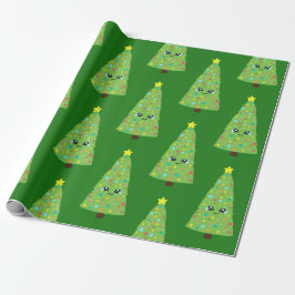 Papel De Regalo Un niño navideño kawaii que sonríe verde festivo