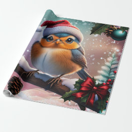 Papel De Regalo Un pájaro navideño lindo sentado en una rama