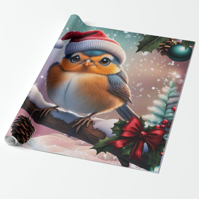 Papel De Regalo Un pájaro navideño lindo sentado en una rama (Desenrollado)
