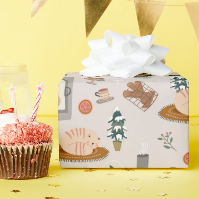 Papel De Regalo un patrón cálido de invierno lleno de gatos e invi (Fiesta de cumpleaños )
