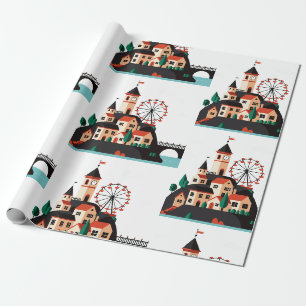 Papel De Regalo Un pequeño pueblo con una rueda de la fortuna