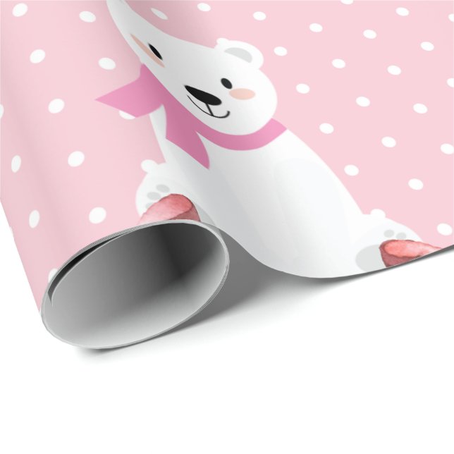 Papel De Regalo Una chica rosa, bebé de oso polar blanco (Esquina del rollo)