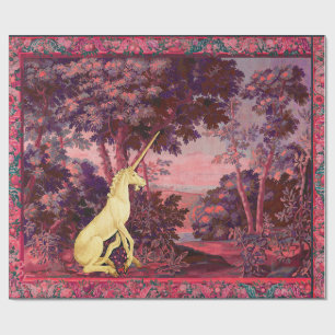 PAPEL DE REGALO UNICORN EN PAISAJE DE WOODLAND, ÁRBOLES, AZUL ROJO