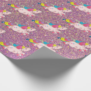 Papel De Regalo Unicorn Kawaii Purpurina Rosa Púrpura de Oro Arcoi