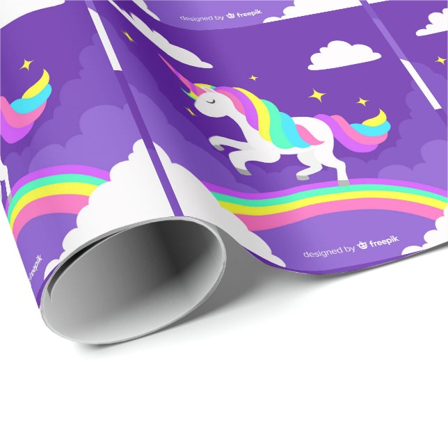 Papel De Regalo Unicornio arcoiris púrpura (Esquina del rollo)