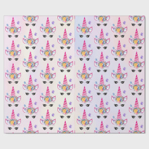 Papel De Regalo Unicornio de moda con corona floral y mariposas