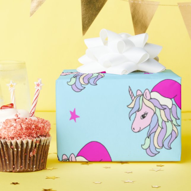 Papel De Regalo Unicornio en Santa Hat Light Blue (Fiesta de cumpleaños )