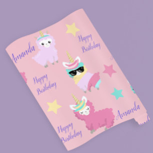 Papel De Regalo Unicornio Personalizado Feliz Cumpleaños Llama