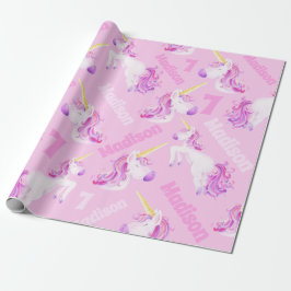 Papel De Regalo Unicornios con nombre personalizado púrpura rosa y