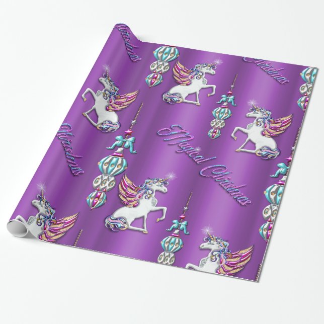 Papel De Regalo Unicornios de Navidades morados mágicos (Desenrollado)
