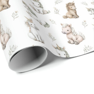 Papel De Regalo Unicornios y flores de acuarela suave patrón