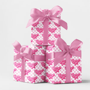 Papel De Regalo Uno Groovy de Cuadros Rosados y Blancos