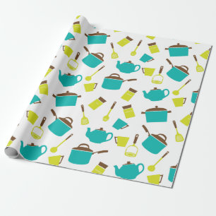 Papel De Regalo Utensilios de cocina retro vintage amarillo azul d