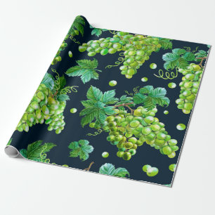 Papel De Regalo Uva verde acuarela, hojas sobre fondo oscuro.