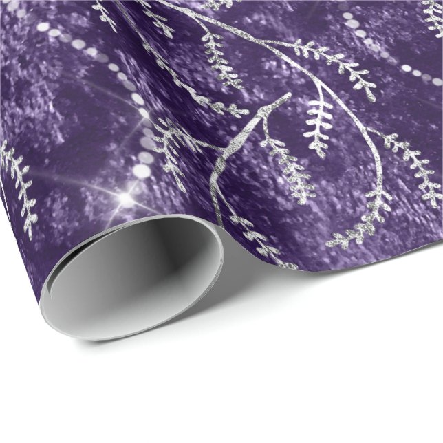 Papel De Regalo Uva violeta Sparkly Laurel Floral Silver Diamantes (Esquina del rollo)