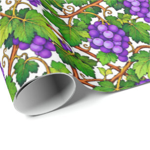 Papel De Regalo Uvas Moradas y Hojas Verdes de Viñedo