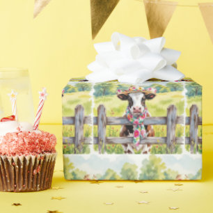 Papel De Regalo Vaca acuarela con sombrero de estampado floral