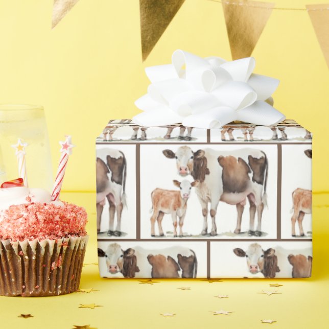 Papel De Regalo Vaca acuarela con ternera (Fiesta de cumpleaños )