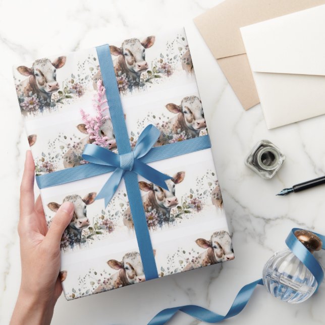 Papel De Regalo Vaca acuarela En Flores (Regalar)