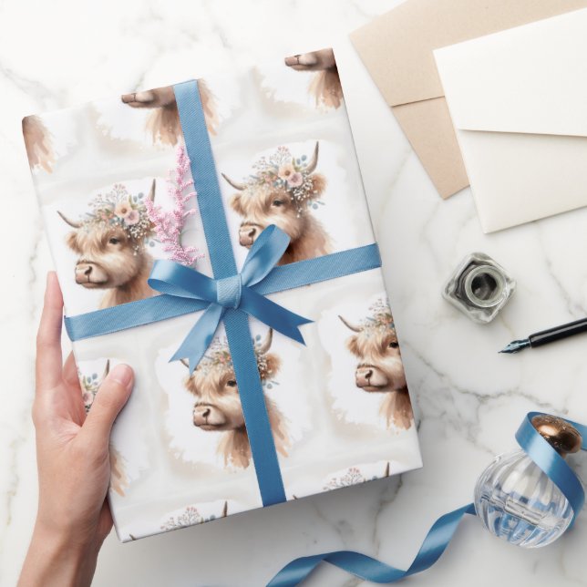 Papel De Regalo Vaca Altlandesa Boho con Flores de Boda (Regalar)