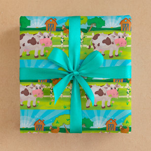 Papel De Regalo Vaca Arrojando A Animales De Granja Envolviendo Pa