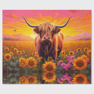 Papel De Regalo Vaca Highland en girasoles al amanecer