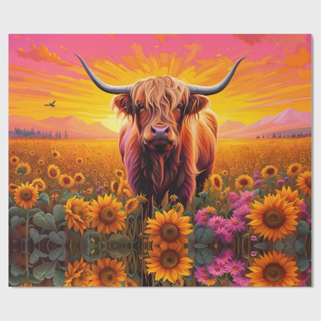 Papel De Regalo Vaca Highland en girasoles al amanecer (Superficie plana)
