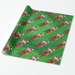 Papel De Regalo Vaca Highland en patrón Santa Hat en verde