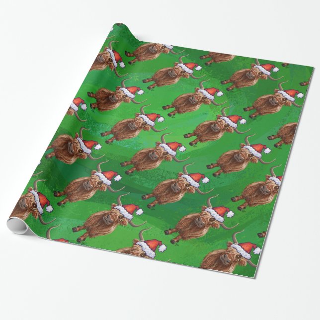 Papel De Regalo Vaca Highland en patrón Santa Hat en verde (Desenrollado)