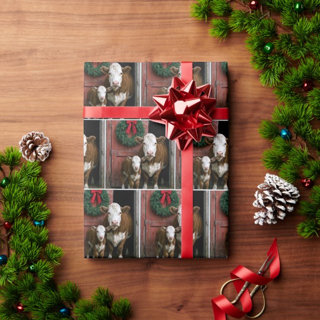 Papel De Regalo Vaca y ternero Hereford de Navidad (Regalo de vacaciones)