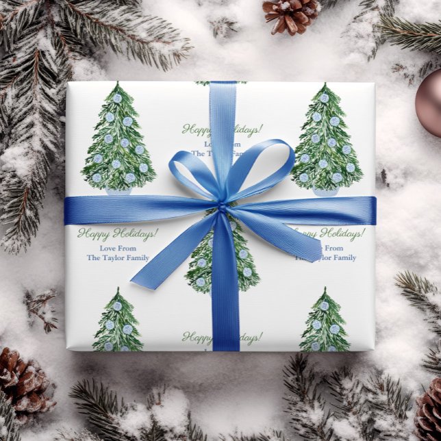 Papel De Regalo Vacaciones blancas azules verdes del árbol de navi (Chinoiserie chic gift wrap design Christmas tree with blue and white ornaments and personalized text)