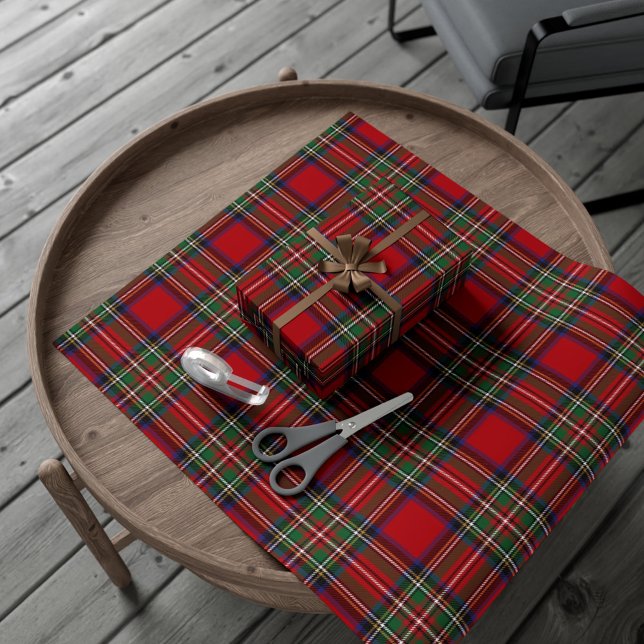 Papel De Regalo Vacaciones clásicas de color verde rojo (Plaid Rustic Stewart Tartan Wrapping Paper)