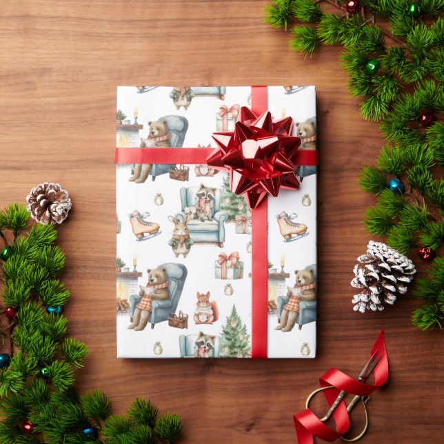Papel De Regalo Vacaciones de árboles de navidad de animales curad (Regalo de vacaciones)