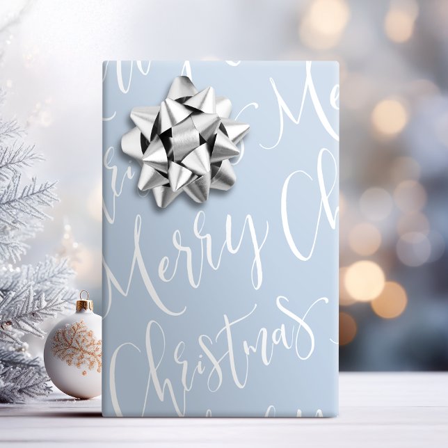 Papel De Regalo Vacaciones de caligrafía navideña de invierno Blue (Winter Blue Merry Christmas Calligraphy Holiday Wrapping Paper)