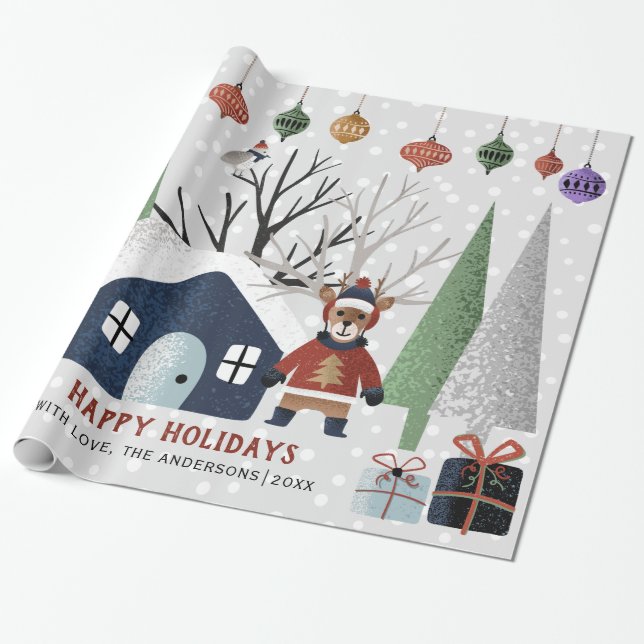 Papel De Regalo Vacaciones de ciervos de invierno, árboles y Navid (Desenrollado)