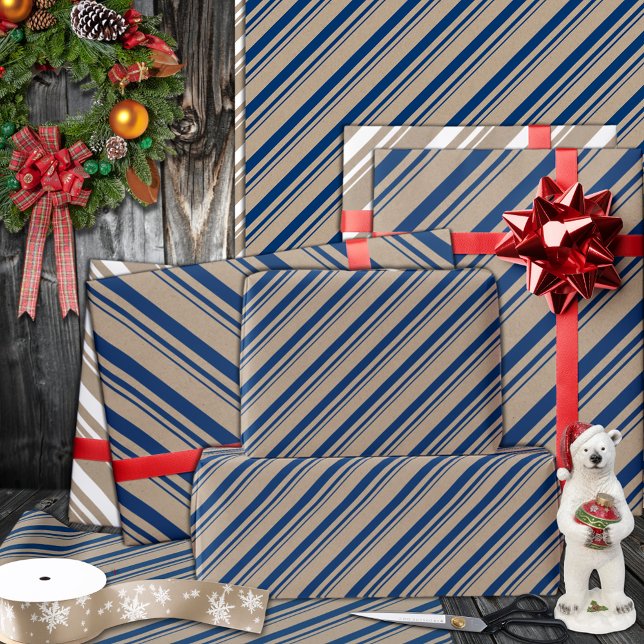 Papel De Regalo Vacaciones de la Marina Rusa Kraft Blue Candy Stri (Navy Blue Candy Cane Stripe Holiday Wrapping Paper Rolls in 6 and 15 foot rolls.)