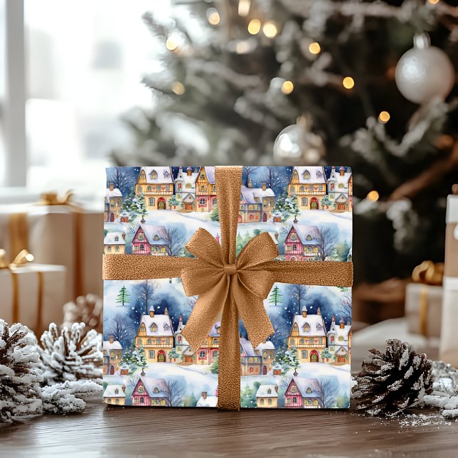 Papel De Regalo Vacaciones de Navidades de la aldea bávara de invi (Snowy Winter Wonderland Bavarian Village Landscape Christmas Holiday Multi-Colored Wrapping Paper)