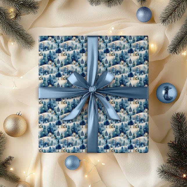 Papel De Regalo Vacaciones de Navidades de paisajes de invierno co (Snowy Winter Wonderland Alpine Village Landscape Christmas Holiday Blue Wrapping Paper)