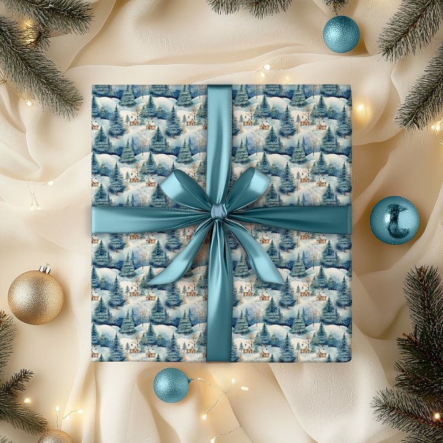 Papel De Regalo Vacaciones de Navidades de paisajes de invierno co (Snowy Winter Wonderland Alpine Village Landscape Christmas Holiday Blue Wrapping Paper)