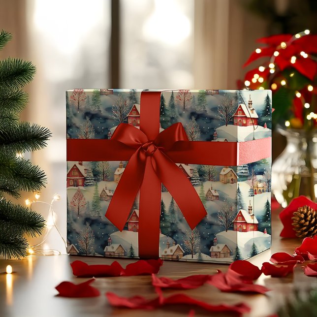 Papel De Regalo Vacaciones de Navidades de Villa Suiza en Invierno (Snowy Winter Wonderland Swiss Village Landscape Christmas Holiday Multi-Colored Hygge Wrapping Paper)
