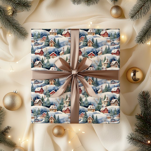 Papel De Regalo Vacaciones de Navidades de Villa Suiza en Invierno (Snowy Winter Wonderland Swiss Village Landscape Christmas Holiday Hygge Wrapping Paper)
